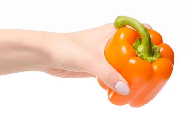 Orange pepper in a hand — Stock Photo, Image