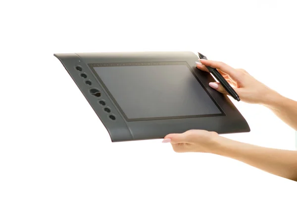 Graphic tablet tangan perempuan — Stok Foto