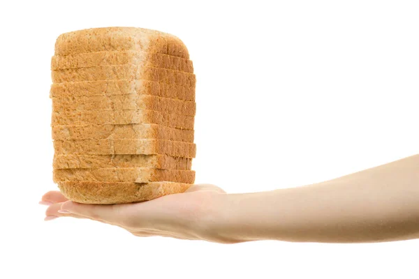 Pieces of bread in female hands — Stock Photo, Image