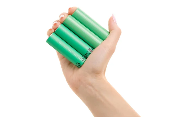 18650 baterias em uma mão feminina — Fotografia de Stock