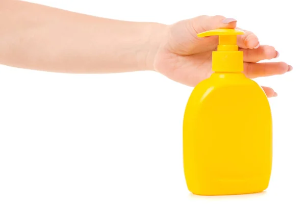 Bottle with soap dispenser female hand — Stock Photo, Image