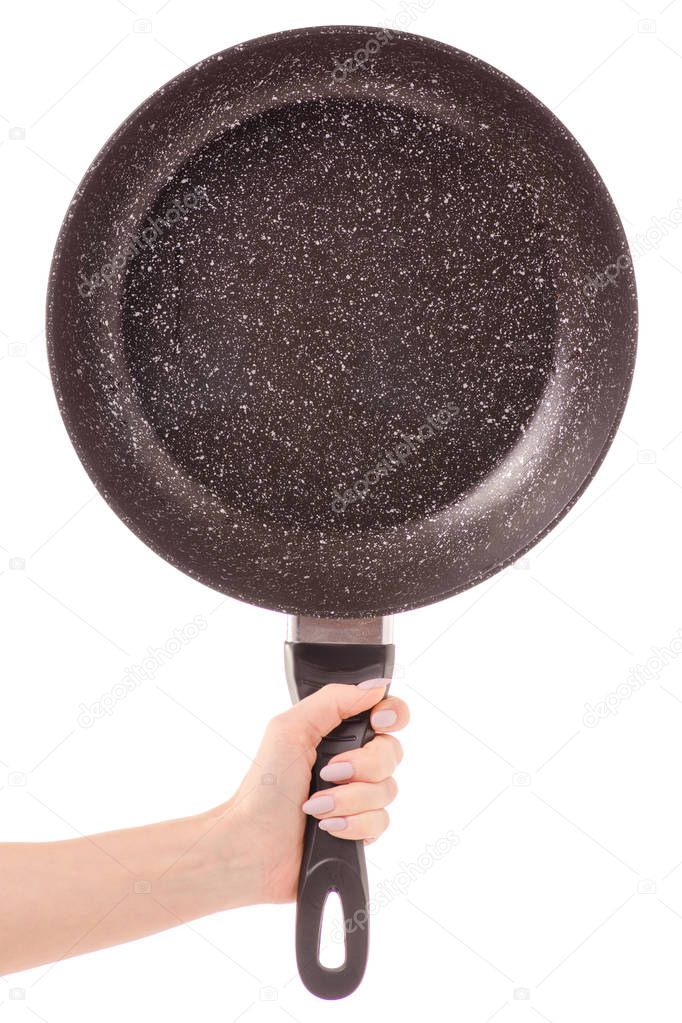 Frying pan with non-stick marble coating female hand