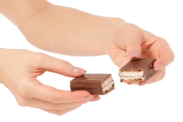 巧克力蛋糕糖果饼干牛奶在手 — 图库照片