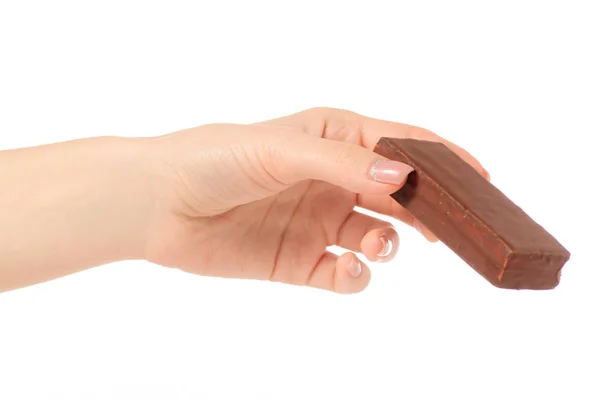 チョコレート ケーキお菓子ビスケット ミルク手に — ストック写真