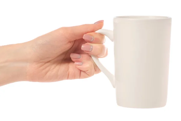 Mug blanc dans les mains isolé — Photo