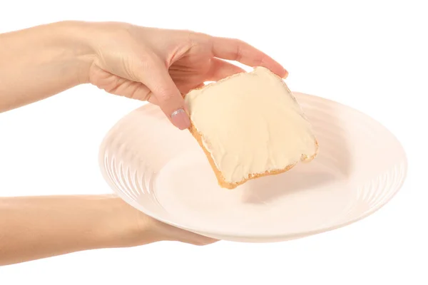 Bread with butter processed cheese on a plate in hand — Stock Photo, Image