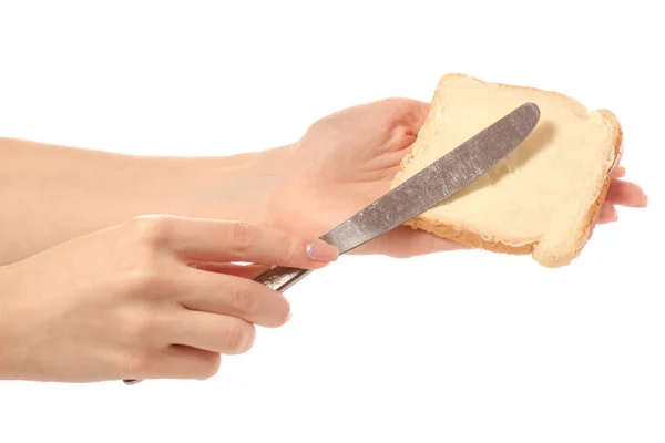 Kenyeret, vajat késsel a kezében — Stock Fotó