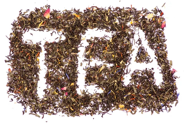 Folha de chá com flores e chá palavra fruta no fundo branco — Fotografia de Stock