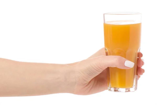 Segelas jus di tangan buah persik mangga oranye — Stok Foto