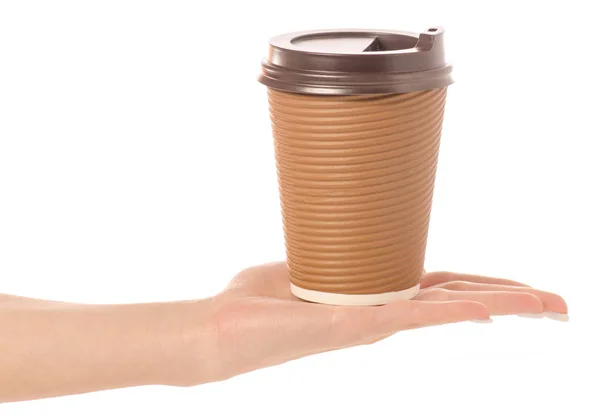 Karton sklo šálek kávy v ruce — Stock fotografie