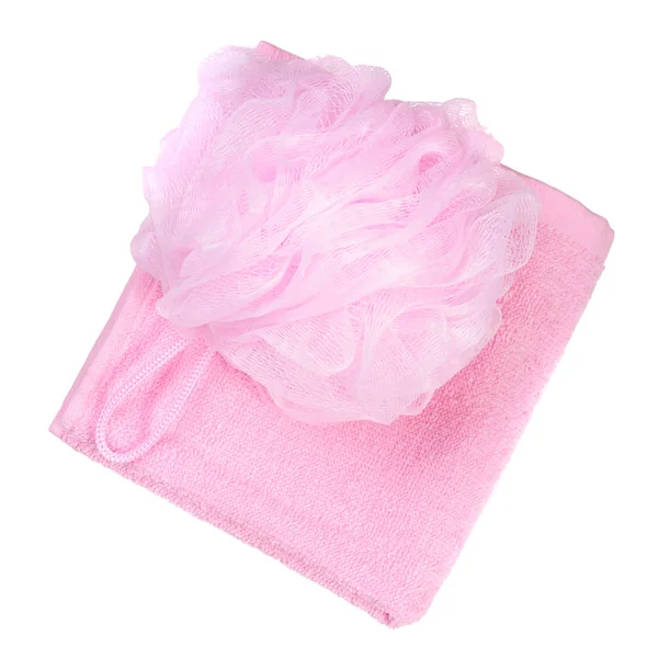 Roze handdoek en loofah — Stockfoto