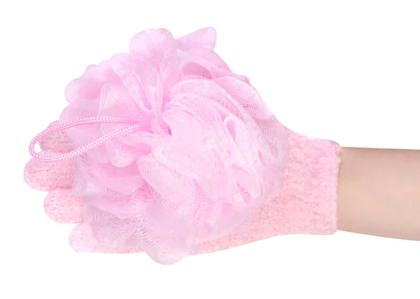 Roze loofah in de hand — Stockfoto