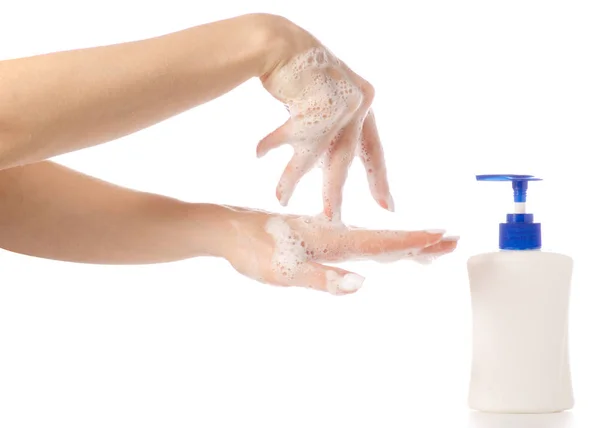 Női kézi használ folyékony szappan — Stock Fotó
