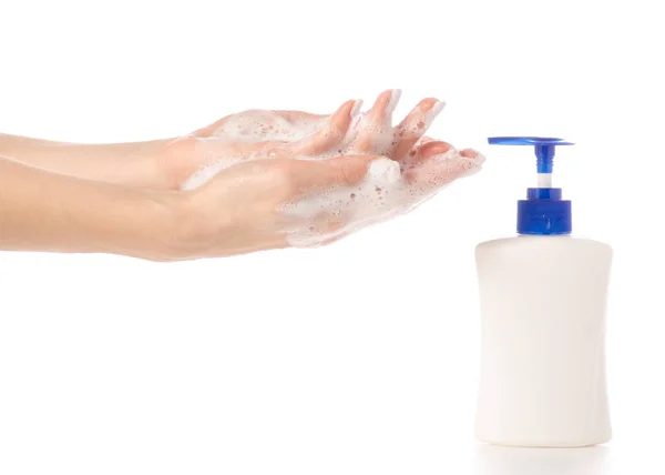 Kobiece ręcznie przy użyciu mydła w płynie — Zdjęcie stockowe