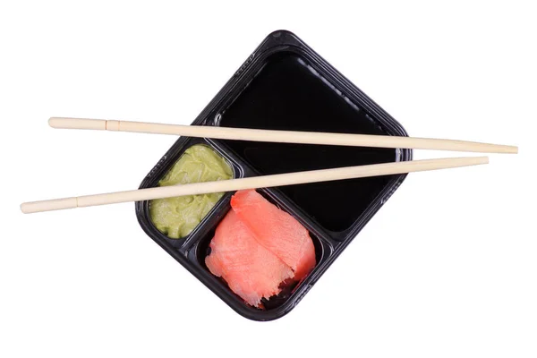 Μπαστούνια για σούσι wasabi σάλτσα σόγιας τζίντζερ — Φωτογραφία Αρχείου