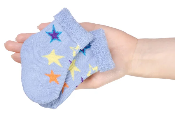 Baby blue socks in hand — Stock Photo, Image