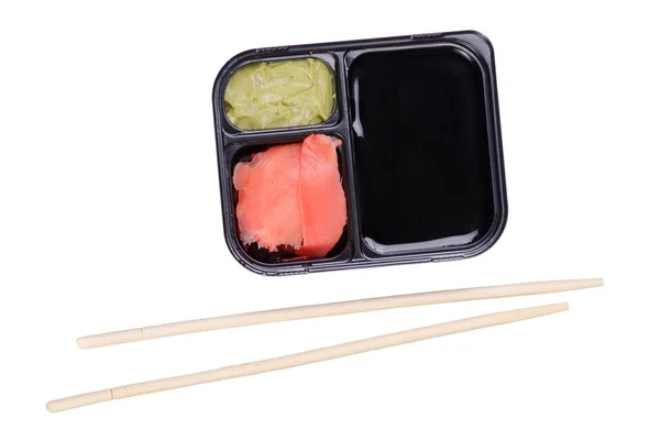 Μπαστούνια για σούσι wasabi σάλτσα σόγιας τζίντζερ — Φωτογραφία Αρχείου