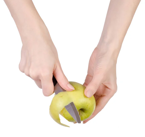 A maçã cortou uma pele na mão — Fotografia de Stock
