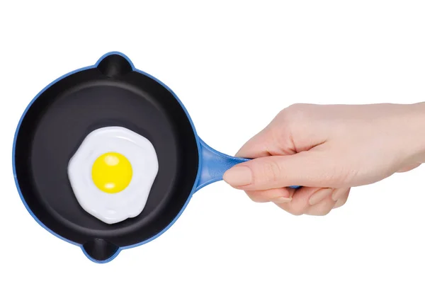 A gyermekek játék serpenyőben sült tojás a kezében — Stock Fotó