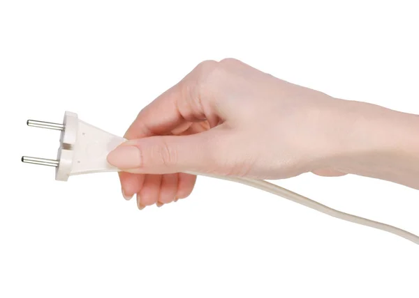 Białe wtyczki elektrycznej w ręce — Zdjęcie stockowe