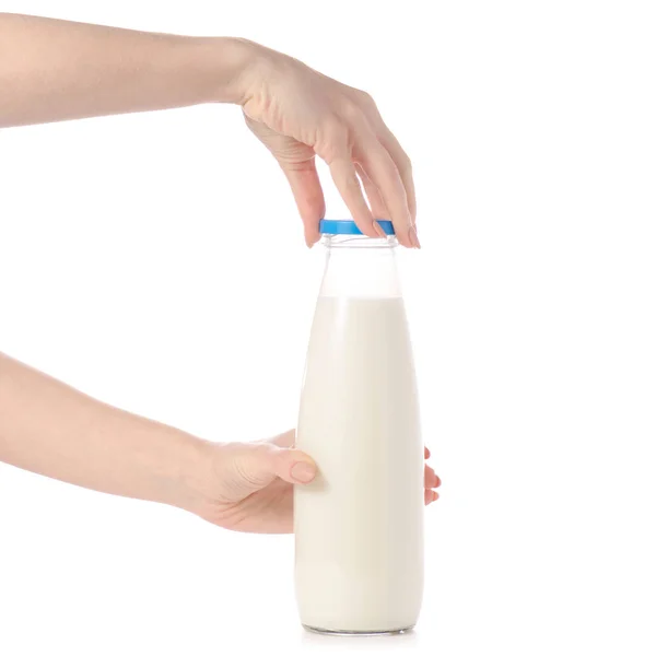 Une bouteille de lait à la main — Photo