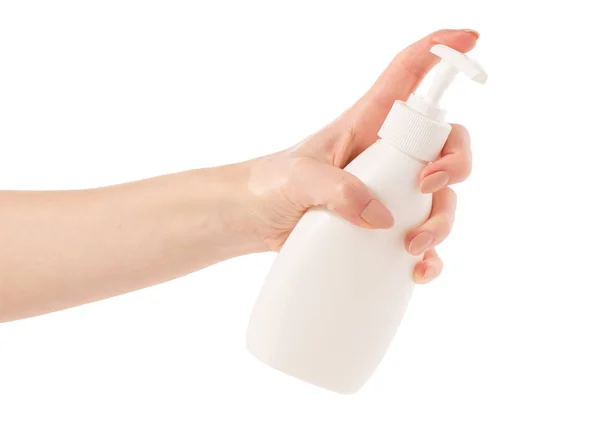 Bottiglia di sapone bianca con dispenser in mano — Foto Stock