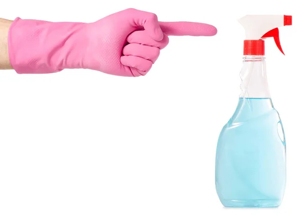 Manos en guantes para limpiar botellas spray para lavar ventanas y muebles — Foto de Stock