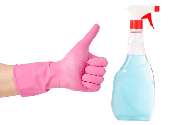 Manos en guantes para limpiar botellas spray para lavar ventanas y muebles — Foto de Stock