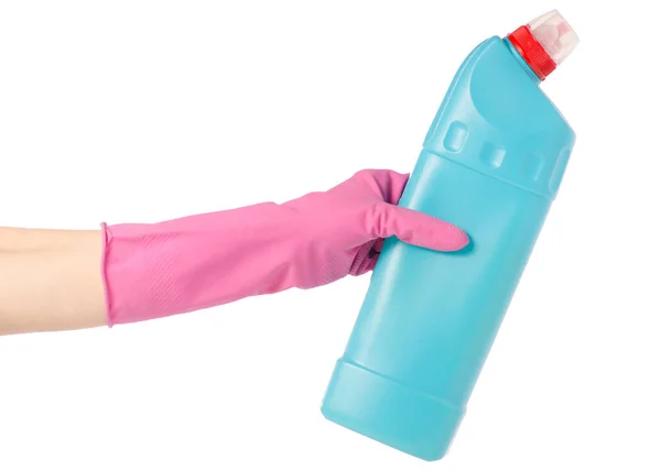 Τα χέρια με γάντια για τον καθαρισμό ottle με τουαλέτα απορρυπαντικού οικιακές χημικές ουσίες — Φωτογραφία Αρχείου