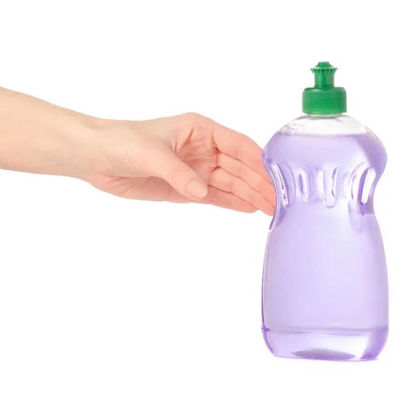 Dishwashing Detergent dispenser bottle in hand lilac lavender — Stock Photo, Image