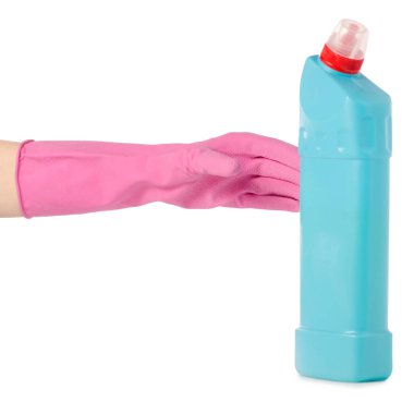 Ellerinde eldiven ottle tuvalet deterjan ev kimyasal madde ile Temizleme