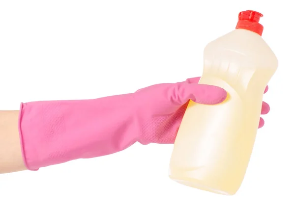 Lavavajillas Botella dispensadora de detergente color amarillo limón en las manos con guantes de goma — Foto de Stock