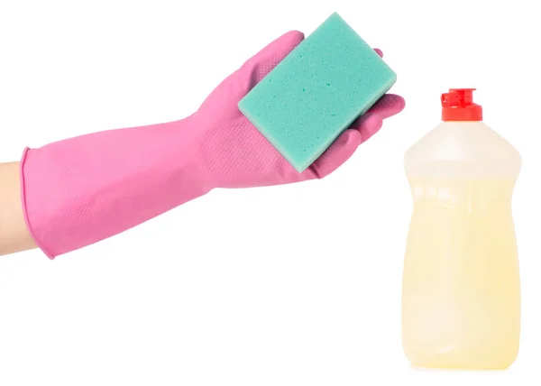 Mãos esponja para lavar louça detergente garrafa limão amarelo — Fotografia de Stock