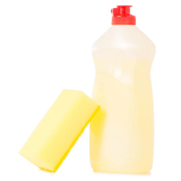 Detergent for utensils and yellow sponge — Stock Photo, Image