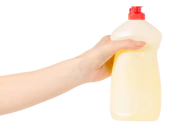 Dishwashing Detergent dispenser bottle in hand lemon yellow — Stock Photo, Image
