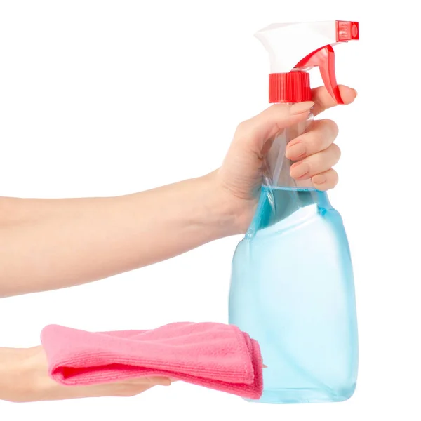 Hands holding bottles spray for washing windows and furniture — Stock Photo, Image