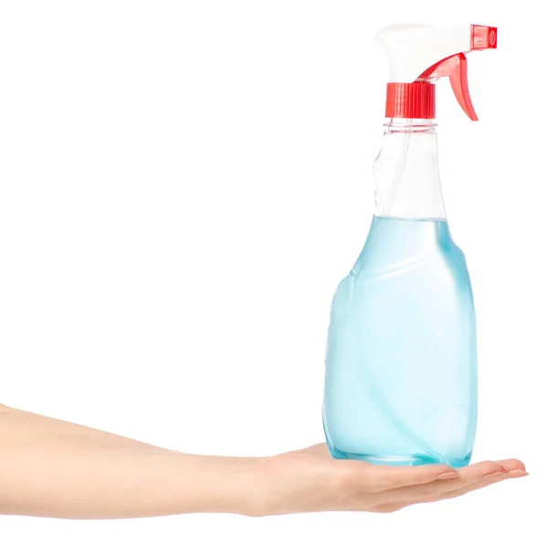 Manos sosteniendo botellas spray para lavar ventanas y muebles — Foto de Stock