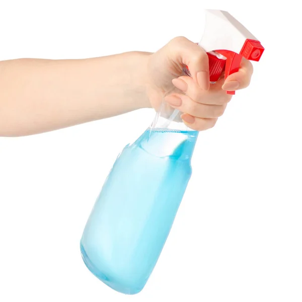 Hands holding bottles spray for washing windows and furniture — Stock Photo, Image