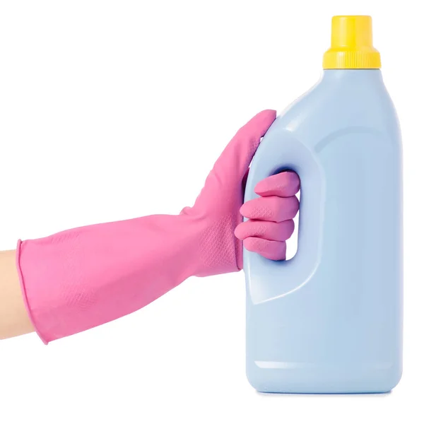 Plastic bottle for liquid laundry detergent gel in hand in gloves for cleaning — Stock Photo, Image