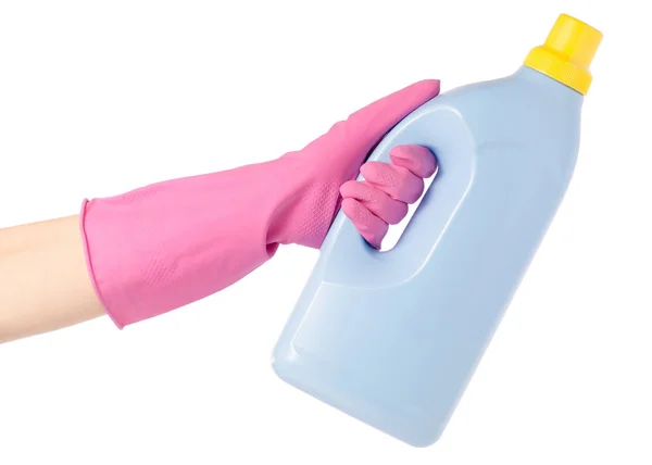 Műanyag üveg mosoda folyékony mosószer gél, kezében a kesztyűk esetében tisztítása — Stock Fotó