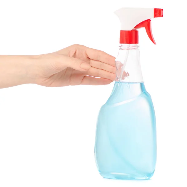 Manos sosteniendo botellas spray para lavar ventanas y muebles — Foto de Stock