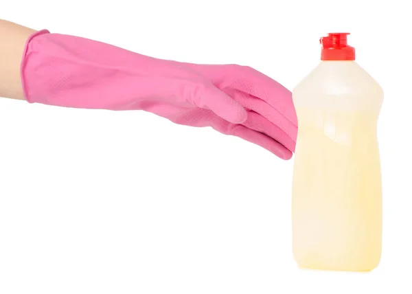 Lavar louça garrafa dispensador de detergente limão amarelo nas mãos em luvas de borracha — Fotografia de Stock