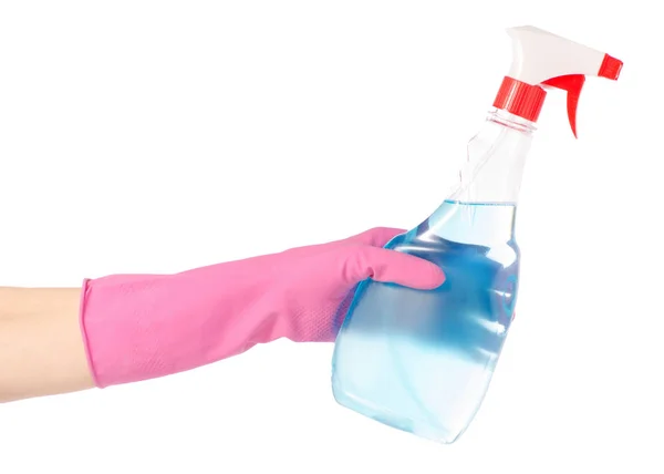 Hands in gloves for cleaning bottles spray for washing windows and furniture — Stock Photo, Image