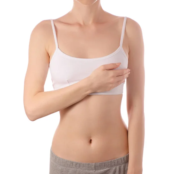 Młoda piękna kobieta w biały t-shirt top biustonosza piersi kobiet choroby ssak uroda zdrowy — Zdjęcie stockowe