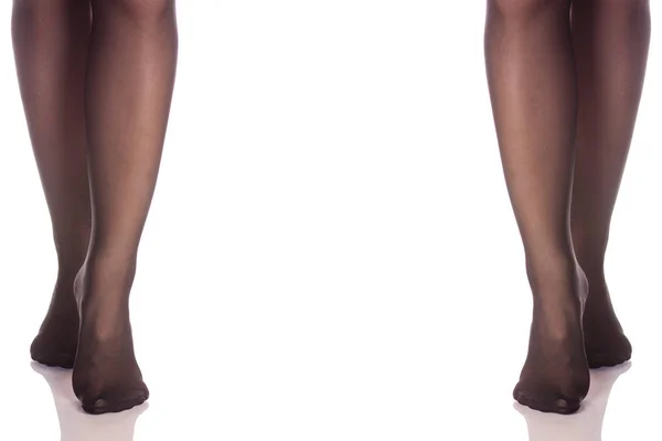 Ορίστε γυναικεία πόδια πόδια σε κάλτσες Νάιλον Καλσόν διαφορετικές πλευρές — Φωτογραφία Αρχείου