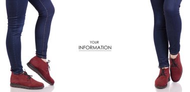 Set desen kadın bacakları kot pantolon ve kırmızı süet topuklu ayakkabılar moda Güzellik Salonu satın