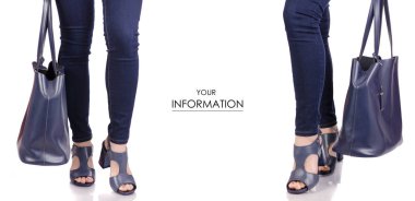 Set desen kadın bacakları kot pantolon ve mavi deri çanta çanta moda Güzellik Salonu ile mavi sandalet ayakkabı satın