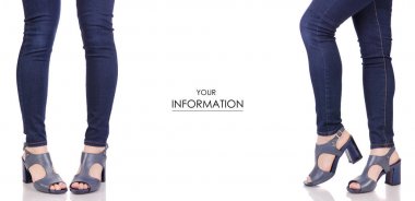 Set desen kadın bacakları kot pantolon ve mavi Sandalet Ayakkabı Moda Güzellik Salonu satın