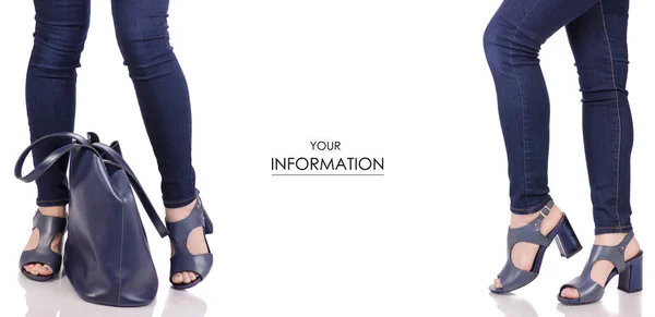 여성 다리 청바지에서와 블루 샌들 신발 블루 가죽 가방 핸드백 패션 뷰티 샵에서에서 구매 세트 패턴 — 스톡 사진