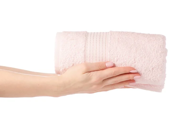 De roze handdoek rollen in de hand — Stockfoto
